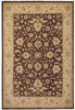 Load image into Gallery viewer, A traditional oriental-style area rug with a dark brown central field featuring an intricate beige floral and vine pattern, surrounded by a wide beige border with smaller floral motifs and a dark brown outer edge.