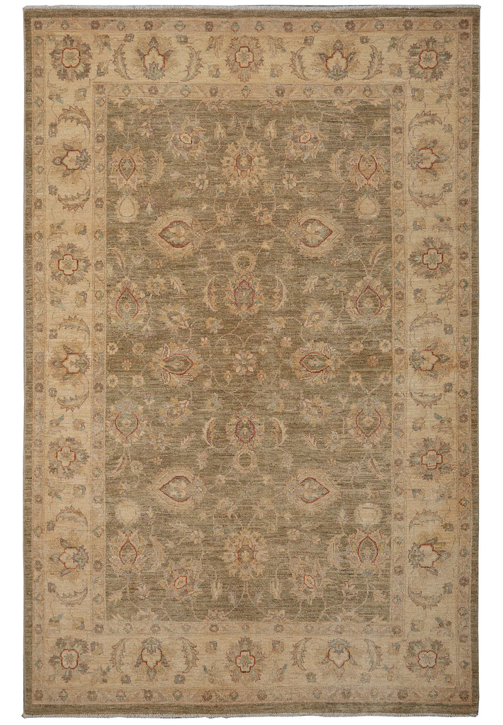 A traditional oriental-style area rug with an intricate floral and geometric pattern in muted beige, brown, and soft blue tones, shown flat against a white background.