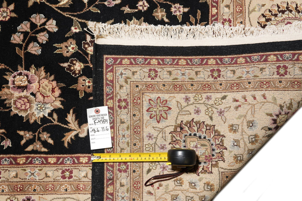 8.6 x 11.6 Quality Wool And Silk Hand-Knotted Rug Black #F-4354