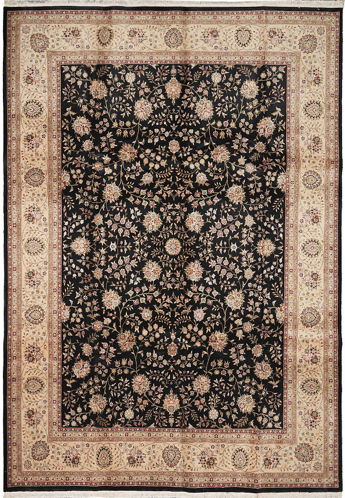 8.6 x 11.6 Quality Wool And Silk Hand-Knotted Rug Black #F-4354