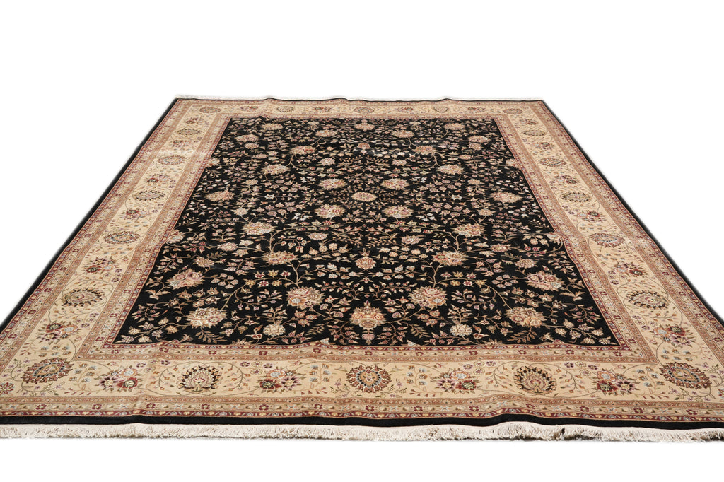 8.6 x 11.6 Quality Wool And Silk Hand-Knotted Rug Black #F-4354