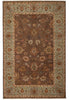 Load image into Gallery viewer, A rectangular traditional area rug with an ornate floral pattern, featuring a dark brown central field, a muted sage green border, and accents of beige, rust, and blue.