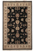 Load image into Gallery viewer, A traditional oriental-style area rug with a black central field, beige floral motifs, and a beige border with red and blue accents.