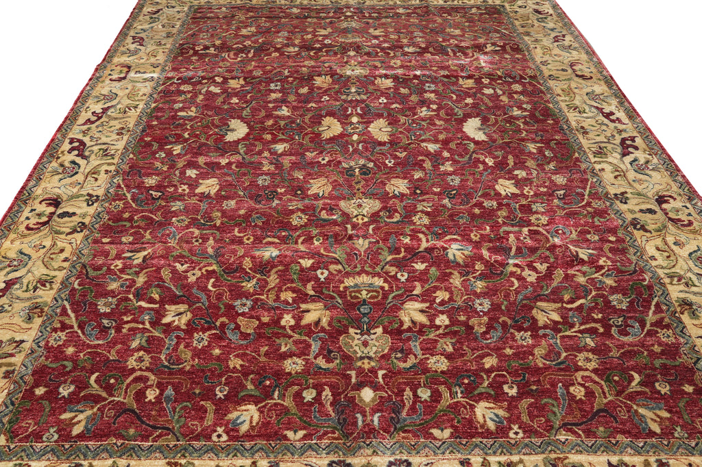 9.8 x 14 Burgundy Gold Quality Wool Hand-knotted Jaipur Rug Dense Weave begie Dye #F-4361