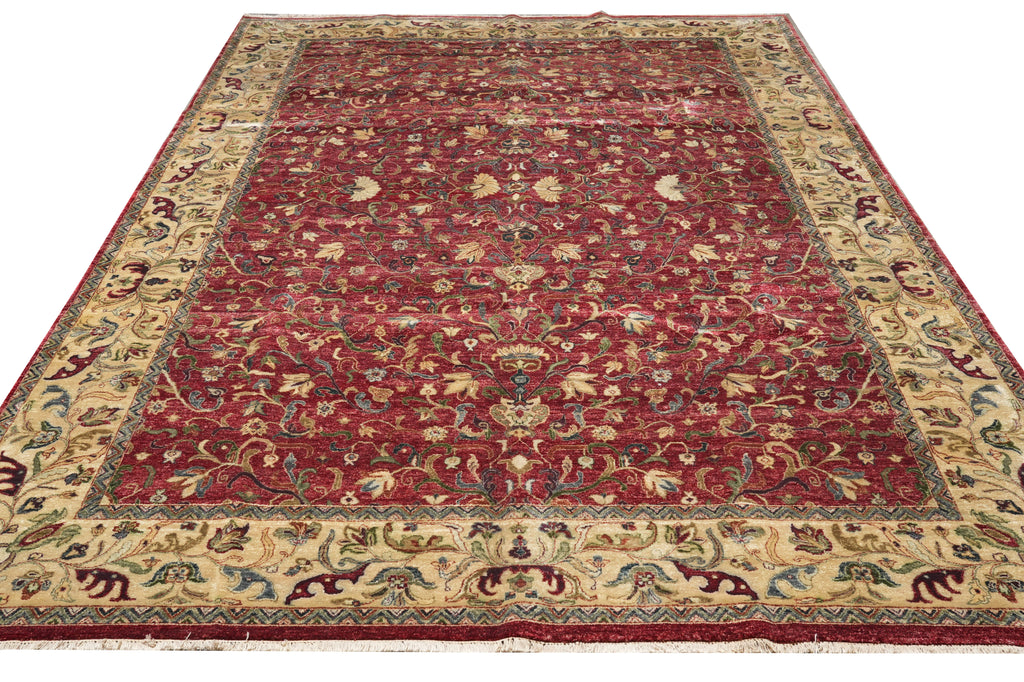 9.8 x 14 Burgundy Gold Quality Wool Hand-knotted Jaipur Rug Dense Weave begie Dye #F-4361