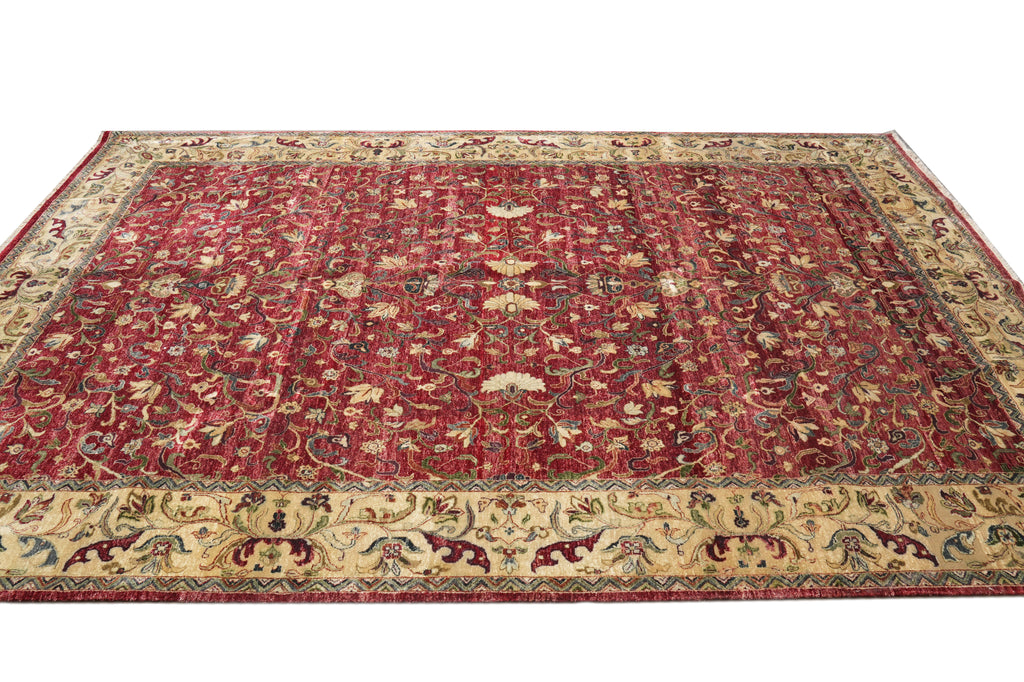 9.8 x 14 Burgundy Gold Quality Wool Hand-knotted Jaipur Rug Dense Weave begie Dye #F-4361