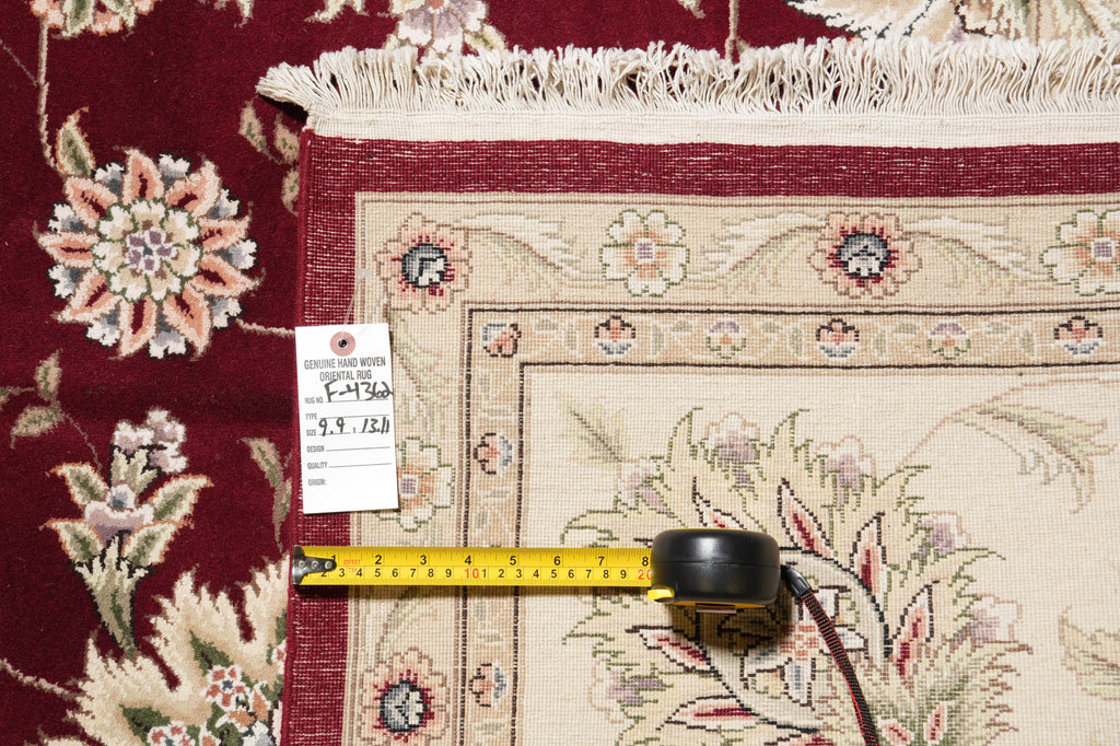 9.9 x 13.11 Quality Wool And Silk Hand-Knotted Rug Ruby Red Ivory #F-4362