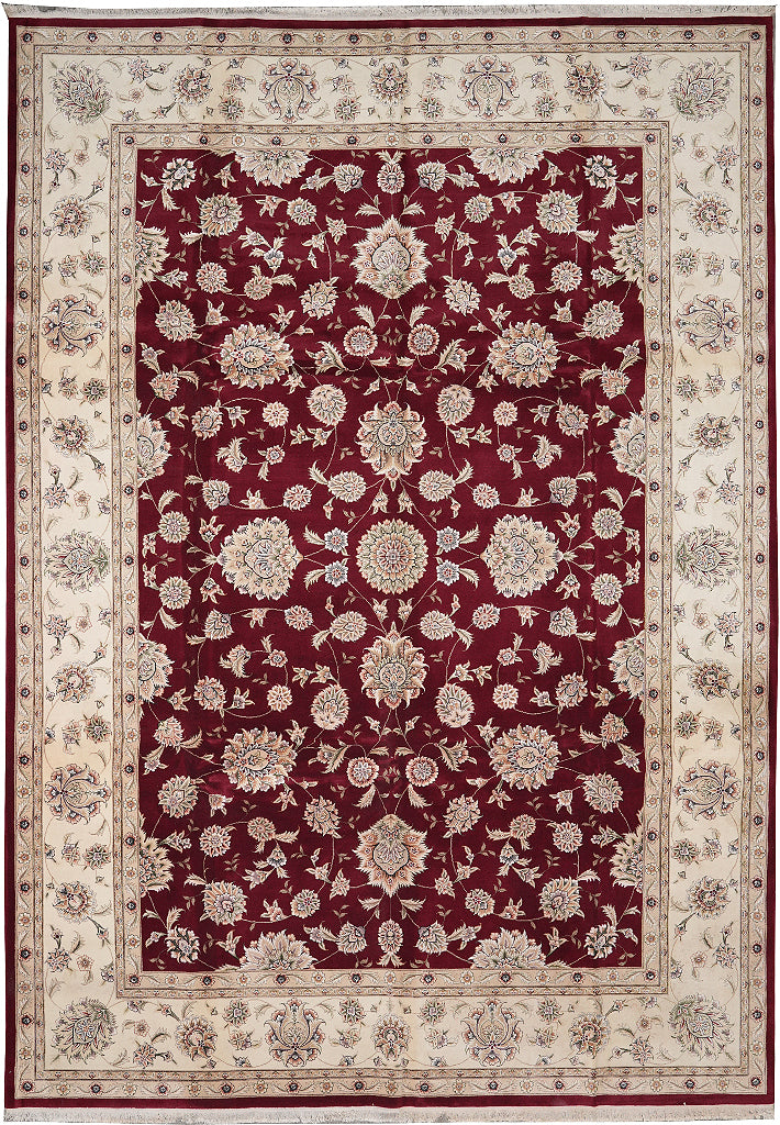 9.9 x 13.11 Quality Wool And Silk Hand-Knotted Rug Ruby Red Ivory #F-4362