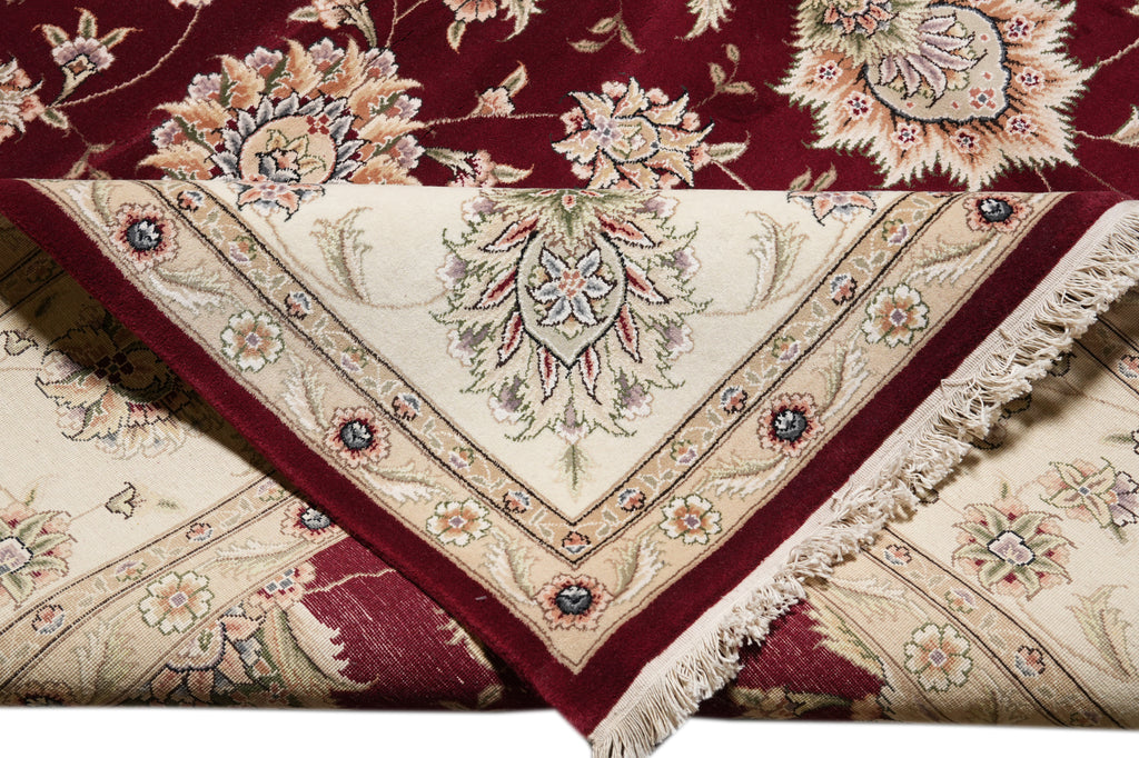 9.9 x 13.11 Quality Wool And Silk Hand-Knotted Rug Ruby Red Ivory #F-4362