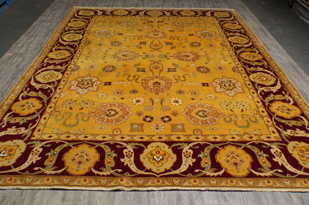 10 x 13.5 Gold Burgundy Quality Hand Knotted Oversized Oriental Agra Rug #F-5751