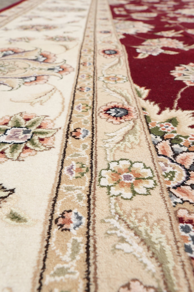 9.9 x 13.11 Quality Wool And Silk Hand-Knotted Rug Ruby Red Ivory #F-4362