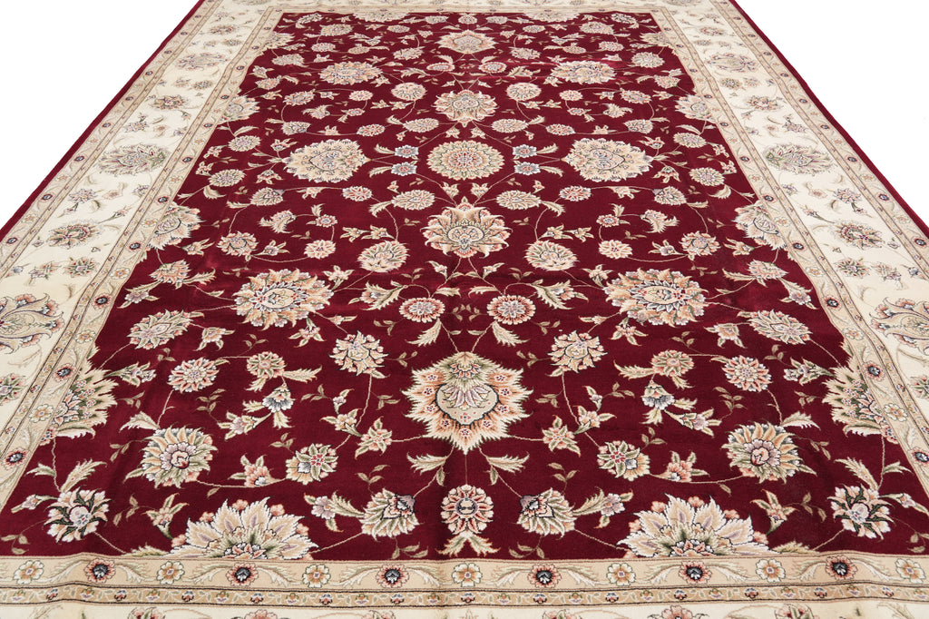 9.9 x 13.11 Quality Wool And Silk Hand-Knotted Rug Ruby Red Ivory #F-4362