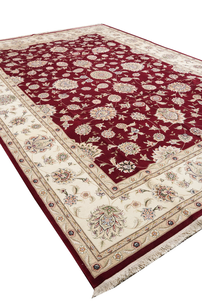 9.9 x 13.11 Quality Wool And Silk Hand-Knotted Rug Ruby Red Ivory #F-4362