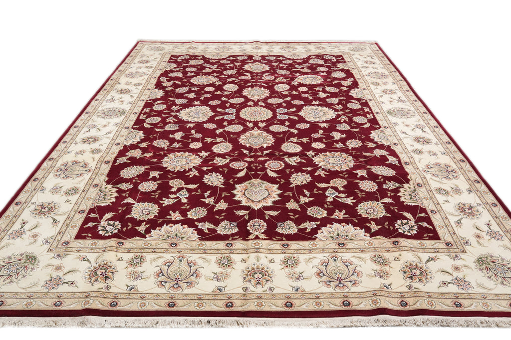 9.9 x 13.11 Quality Wool And Silk Hand-Knotted Rug Ruby Red Ivory #F-4362