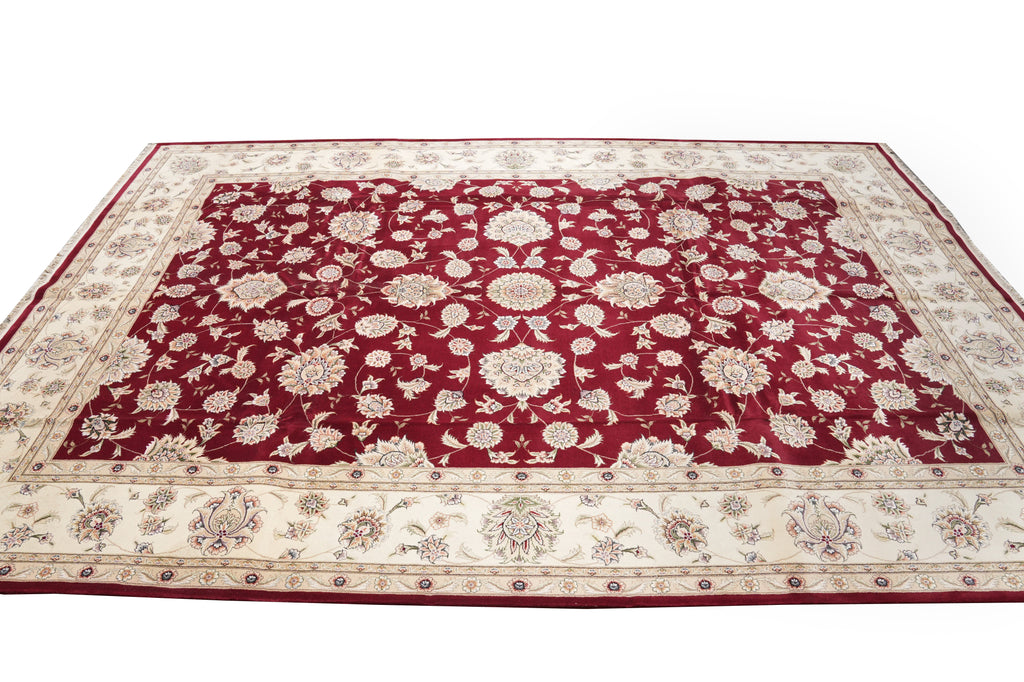 9.9 x 13.11 Quality Wool And Silk Hand-Knotted Rug Ruby Red Ivory #F-4362