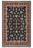 Load image into Gallery viewer, A traditional oriental area rug with an intricate floral pattern, featuring a dark navy blue center field, a deep red border, and cream-colored details, shown flat against a white background.