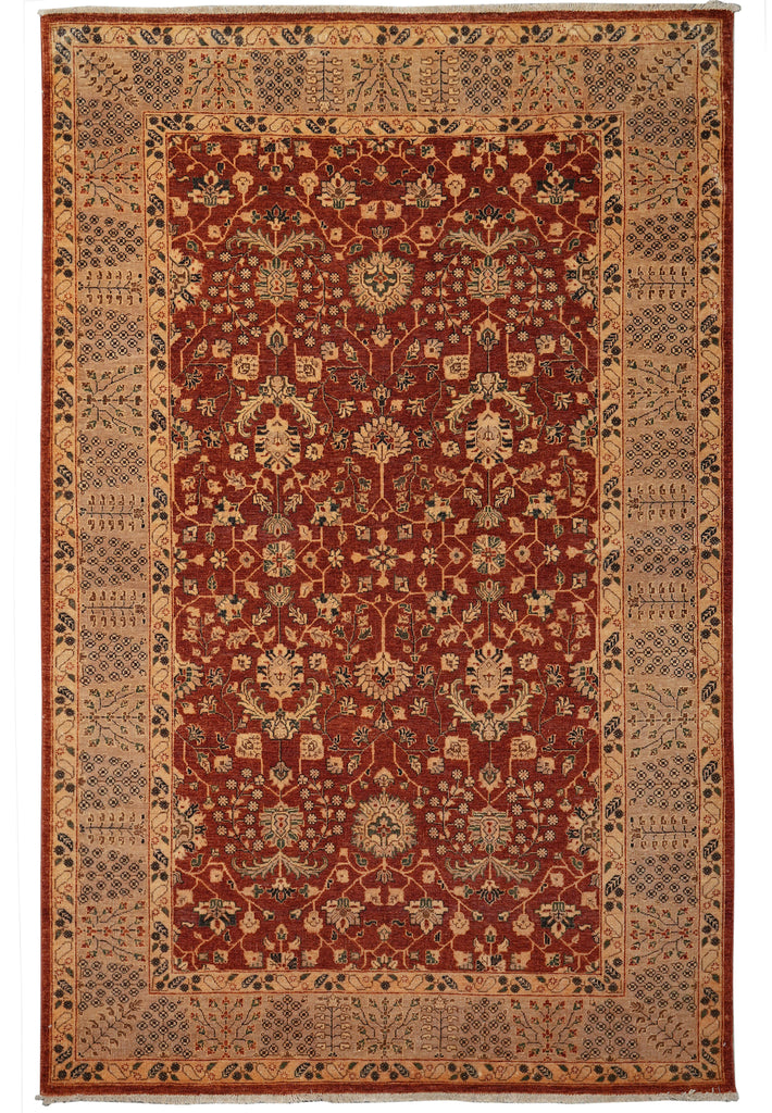 A traditional oriental area rug with an intricate floral pattern, featuring a deep red central field, a beige and brown border, and small blue accents throughout.