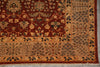 Load image into Gallery viewer, A close-up of an oriental-style rug corner showing a warm rust red field with beige, black, and muted green floral motifs and a patterned border.