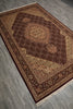 Load image into Gallery viewer, A traditional oriental-style area rug with an intricate floral and geometric pattern in shades of brown, beige, and burgundy, shown laid out on a gray wood-look floor.