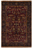 Load image into Gallery viewer, A traditional oriental-style area rug with a deep burgundy central field, dark navy blue borders, and intricate floral and bird motifs in beige, gold, and muted green.