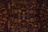 Load image into Gallery viewer, A close-up of an ornate traditional rug with a deep burgundy background and intricate floral and vine motifs in muted gold, olive green, and blue.