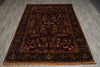 Load image into Gallery viewer, A rectangular traditional area rug with an intricate floral and animal pattern, laid flat on a gray wood-look floor. The rug features a dark red central field, a dark navy blue border, and accents of gold, beige, and green.