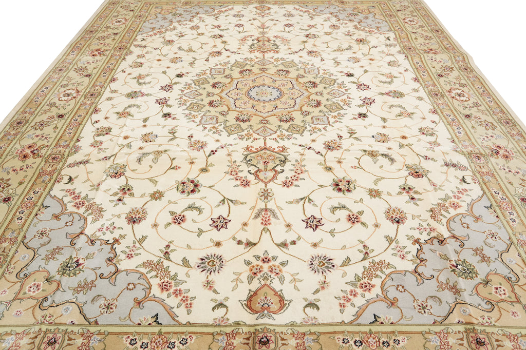 9.9 x 13.9 Fancy Quality Wool And Silk Hand-Knotted Carpet Ivory #F-4366