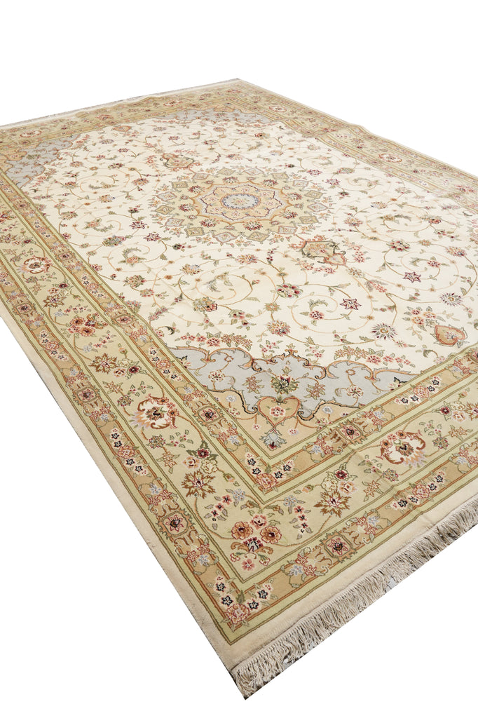 9.9 x 13.9 Fancy Quality Wool And Silk Hand-Knotted Carpet Ivory #F-4366