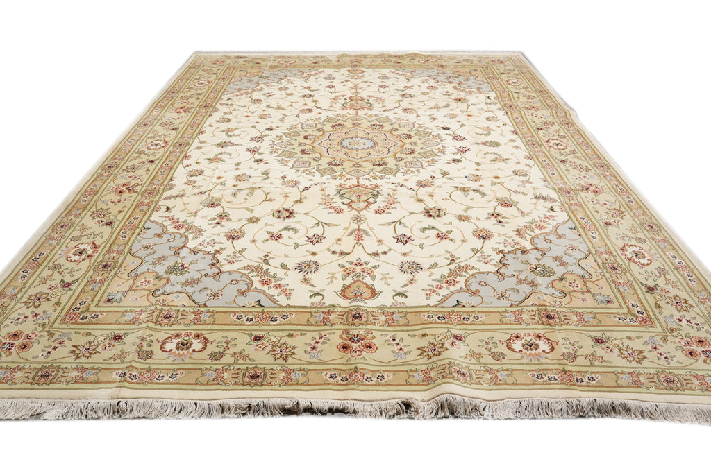 9.9 x 13.9 Fancy Quality Wool And Silk Hand-Knotted Carpet Ivory #F-4366