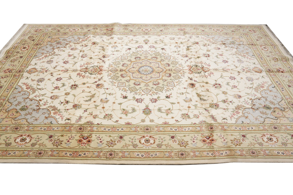 9.9 x 13.9 Fancy Quality Wool And Silk Hand-Knotted Carpet Ivory #F-4366