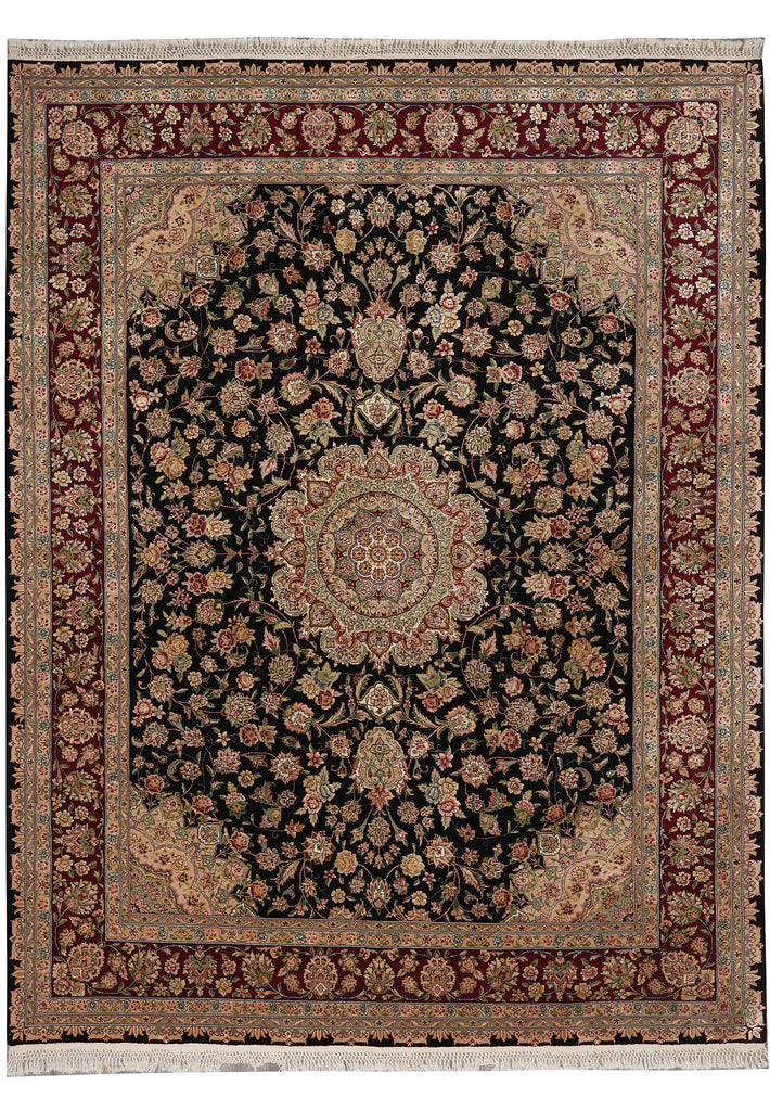 7.8 x 10 High Quality Wool and Silk Sino Tabriz Fancy Rug Black Burgundy