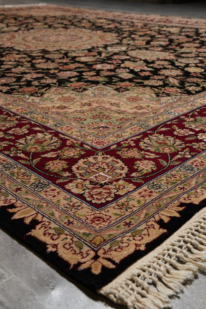 7.8 x 10 High Quality Wool and Silk Sino Tabriz Fancy Rug Black Burgundy #F-4530