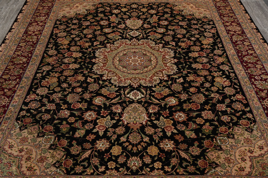 7.8 x 10 High Quality Wool and Silk Sino Tabriz Fancy Rug Black Burgundy #F-4530