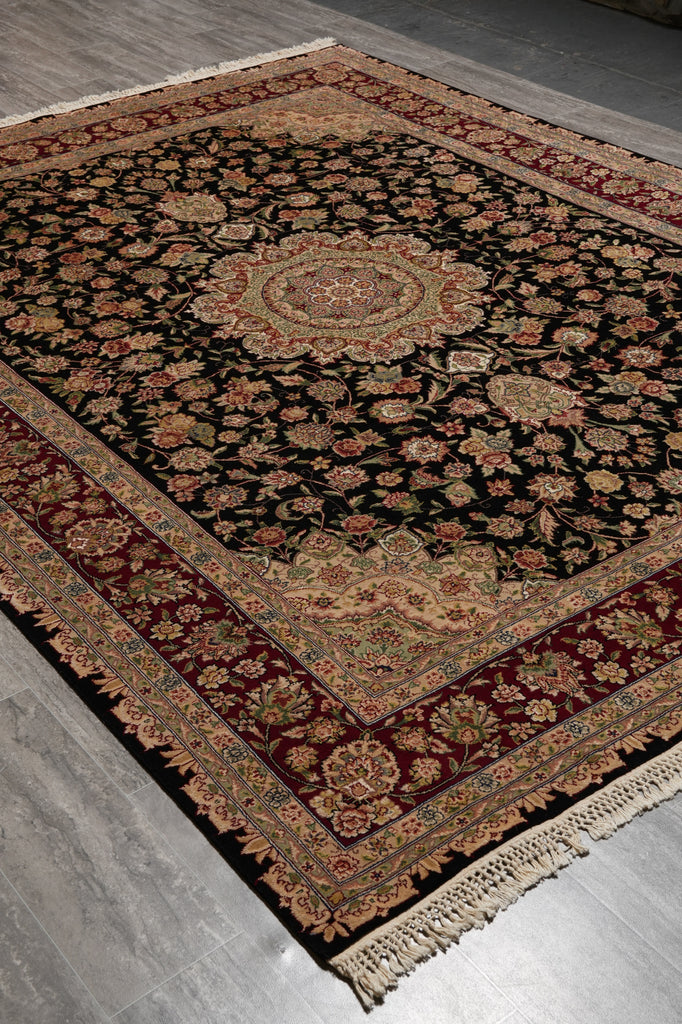 7.8 x 10 High Quality Wool and Silk Sino Tabriz Fancy Rug Black Burgundy #F-4530
