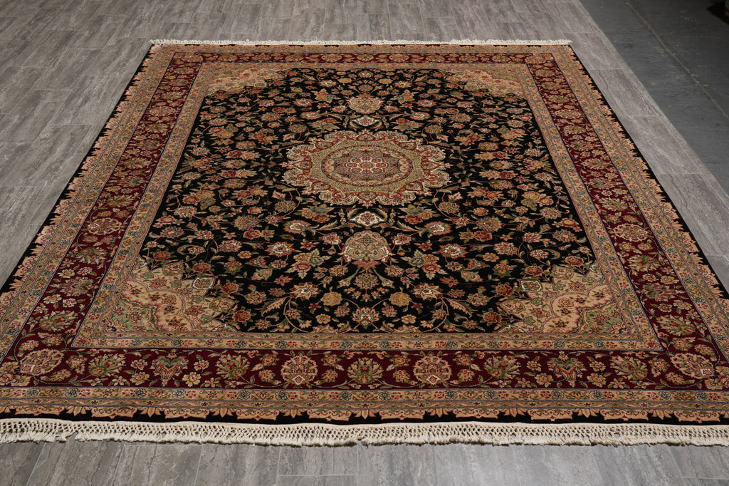 7.8 x 10 High Quality Wool and Silk Sino Tabriz Fancy Rug Black Burgundy #F-4530
