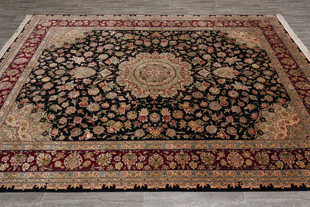 7.8 x 10 High Quality Wool and Silk Sino Tabriz Fancy Rug Black Burgundy #F-4530