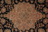 Load image into Gallery viewer, A close-up of an ornate traditional rug featuring a large central medallion in rust, beige, and muted blue-green tones, surrounded by floral motifs on a very dark navy or black background.