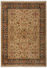 Load image into Gallery viewer, A traditional oriental-style area rug with an intricate floral and medallion pattern, featuring a beige center field, dark navy blue borders, and accents of rust red and green.