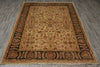 Load image into Gallery viewer, A rectangular traditional area rug with an intricate floral and medallion pattern, featuring a beige center, dark navy borders, and rust-orange accents, laid out on a gray wood-plank floor.