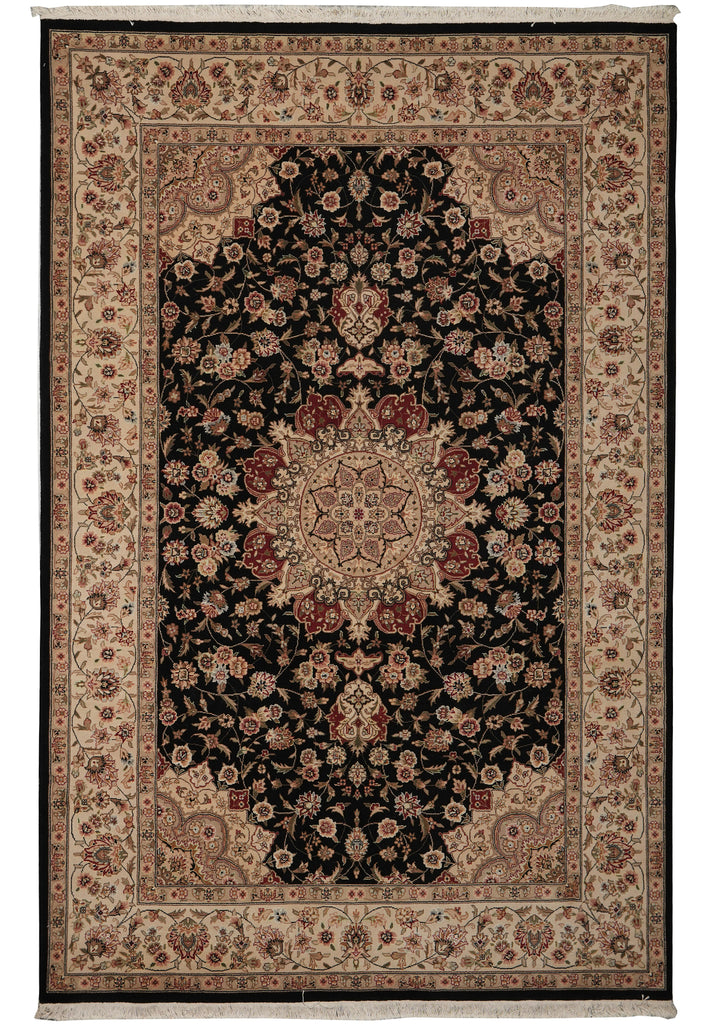 A traditional oriental-style area rug with a dark central field, beige and brown floral borders, and red accents, shown flat against a white background.