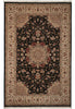 Load image into Gallery viewer, A traditional oriental-style area rug with a dark central field, beige and brown floral borders, and red accents, shown flat against a white background.