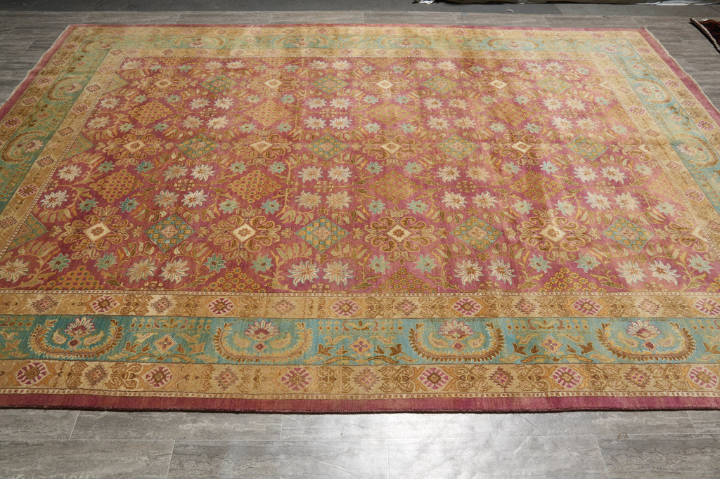 9 x 12 Beautiful Agra Rug Handmade Natural Wool Rust Green #F-6530
