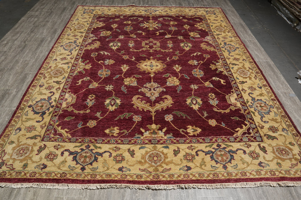 8.9 x 11.8 Hand-knotted India Area Rug Burgundy and Gold #5276