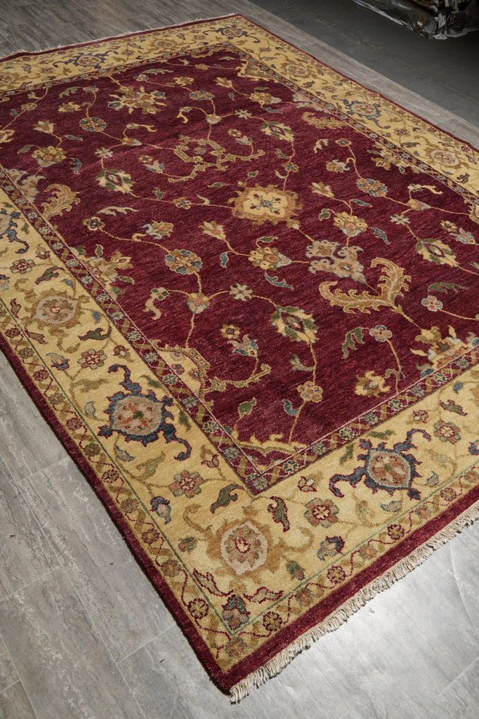 8.9 x 11.8 Hand-knotted India Area Rug Burgundy and Gold #5276
