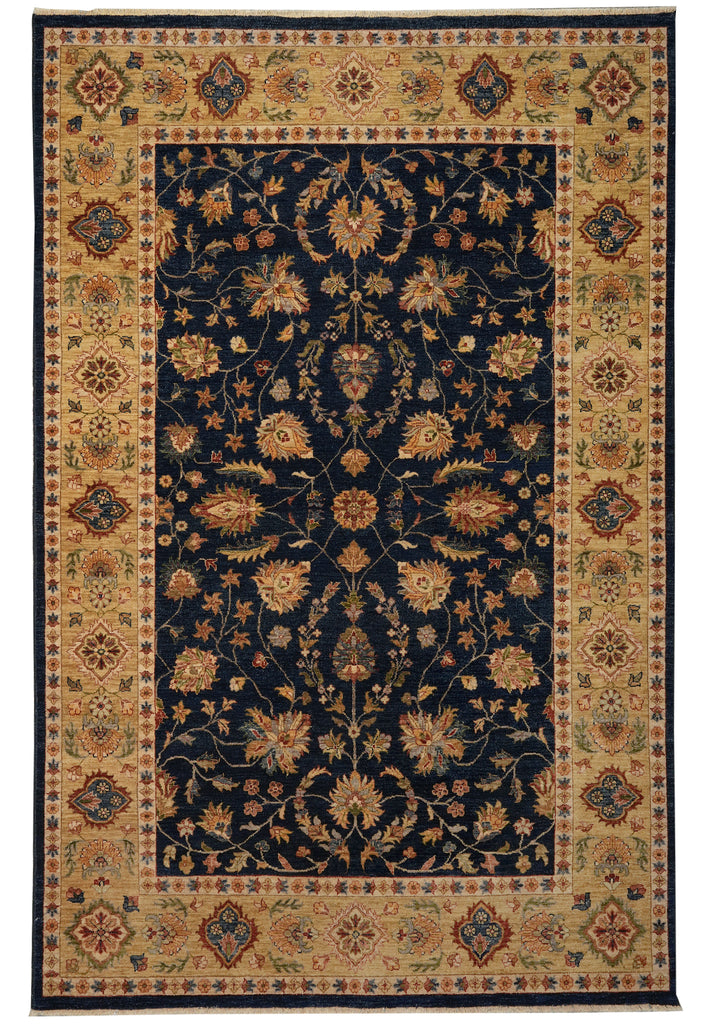 A traditional oriental-style area rug with a dark navy blue central field, surrounded by beige and gold floral borders and a navy outer edge.