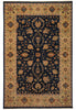 Load image into Gallery viewer, A traditional oriental-style area rug with a dark navy blue central field, surrounded by beige and gold floral borders and a navy outer edge.