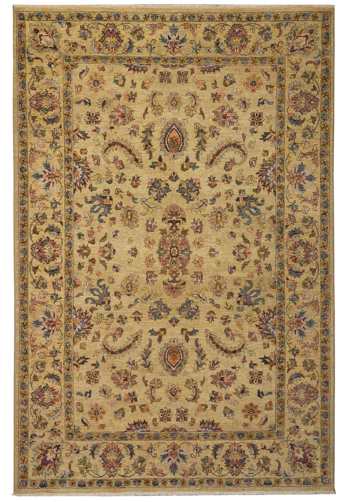 A traditional oriental-style area rug with an intricate floral and medallion pattern, featuring a warm beige background with blue, red, and green accents.