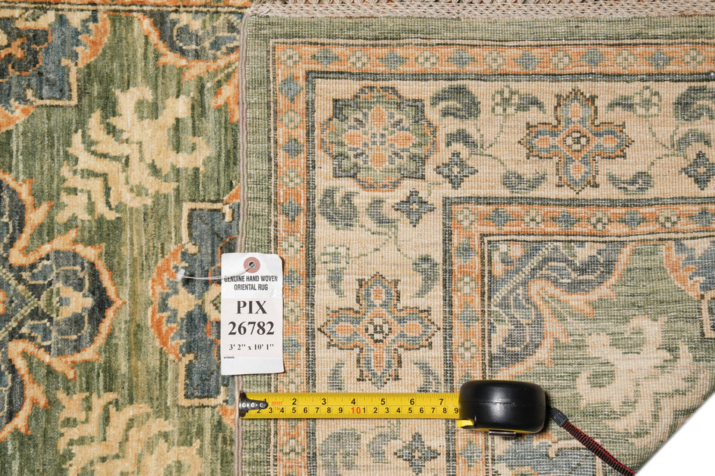 3.2 x 10' Feet Runner Green Chobi Zigler Handmade Wool Chotan Carpet #PIX-26782