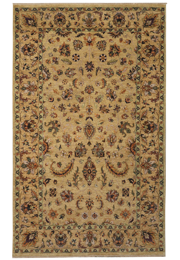 A traditional oriental-style area rug with an intricate floral and medallion pattern, featuring a warm beige background with brown, green, and rust accents.