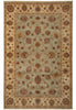Load image into Gallery viewer, A traditional oriental-style area rug with an intricate floral and medallion pattern, featuring a muted sage green center field, beige borders, and rust-brown accents.